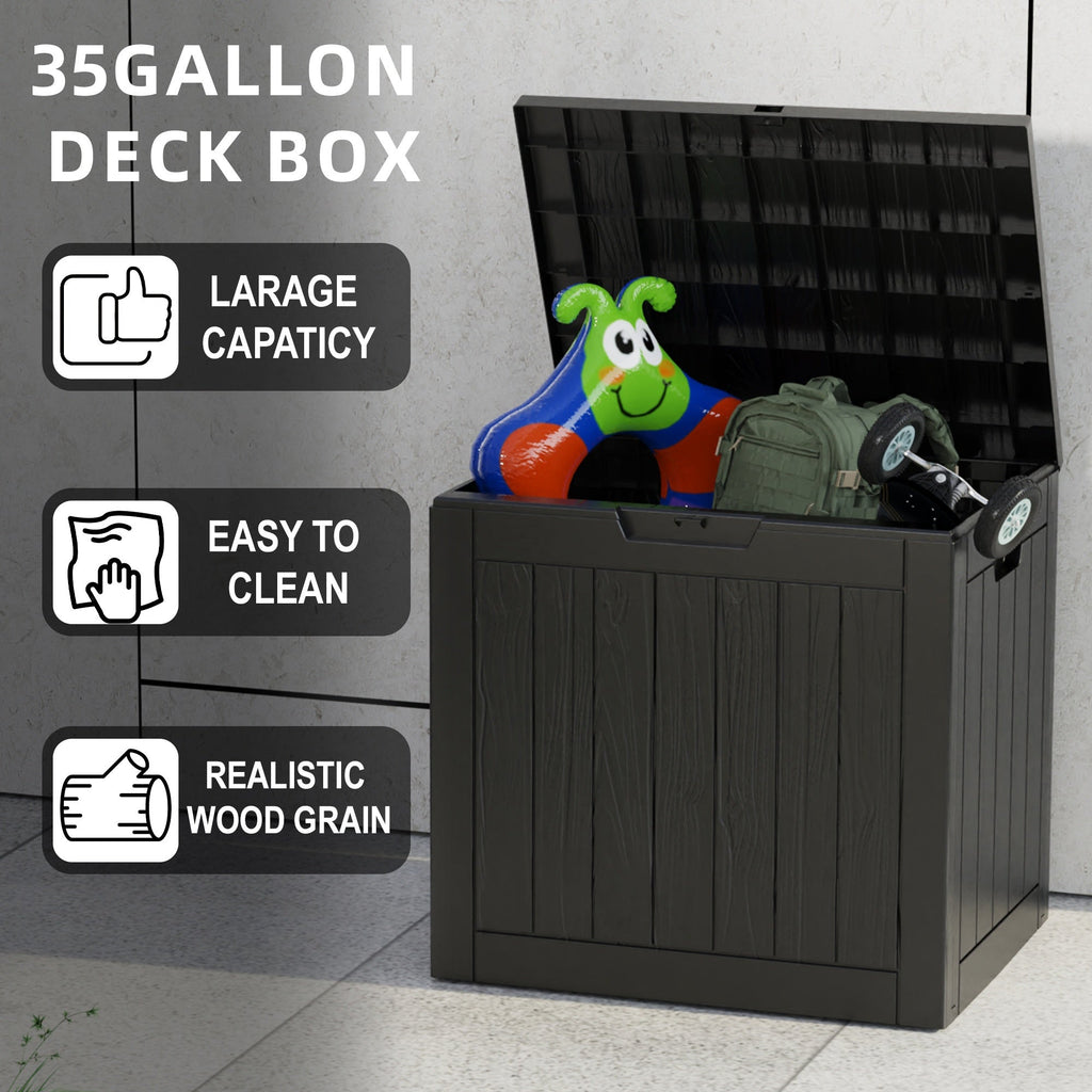 35 Gallon Outdoor Resin Storage Box – Black/Wood Grain