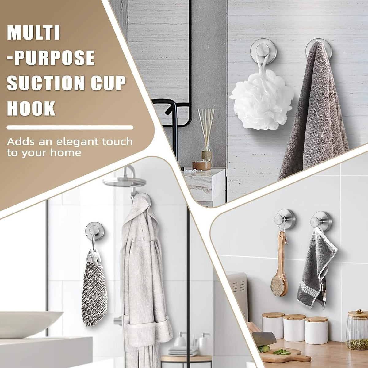 2-Pack: Strong Suction Cup Hooks – Silver Brushed Stainless Steel, No Drilling Required