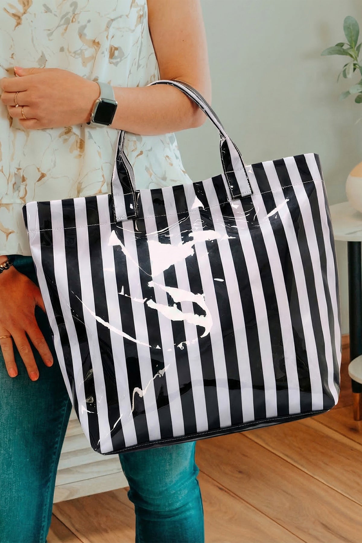 Color black Glossy Striped Vinyl Large Tote Bag
