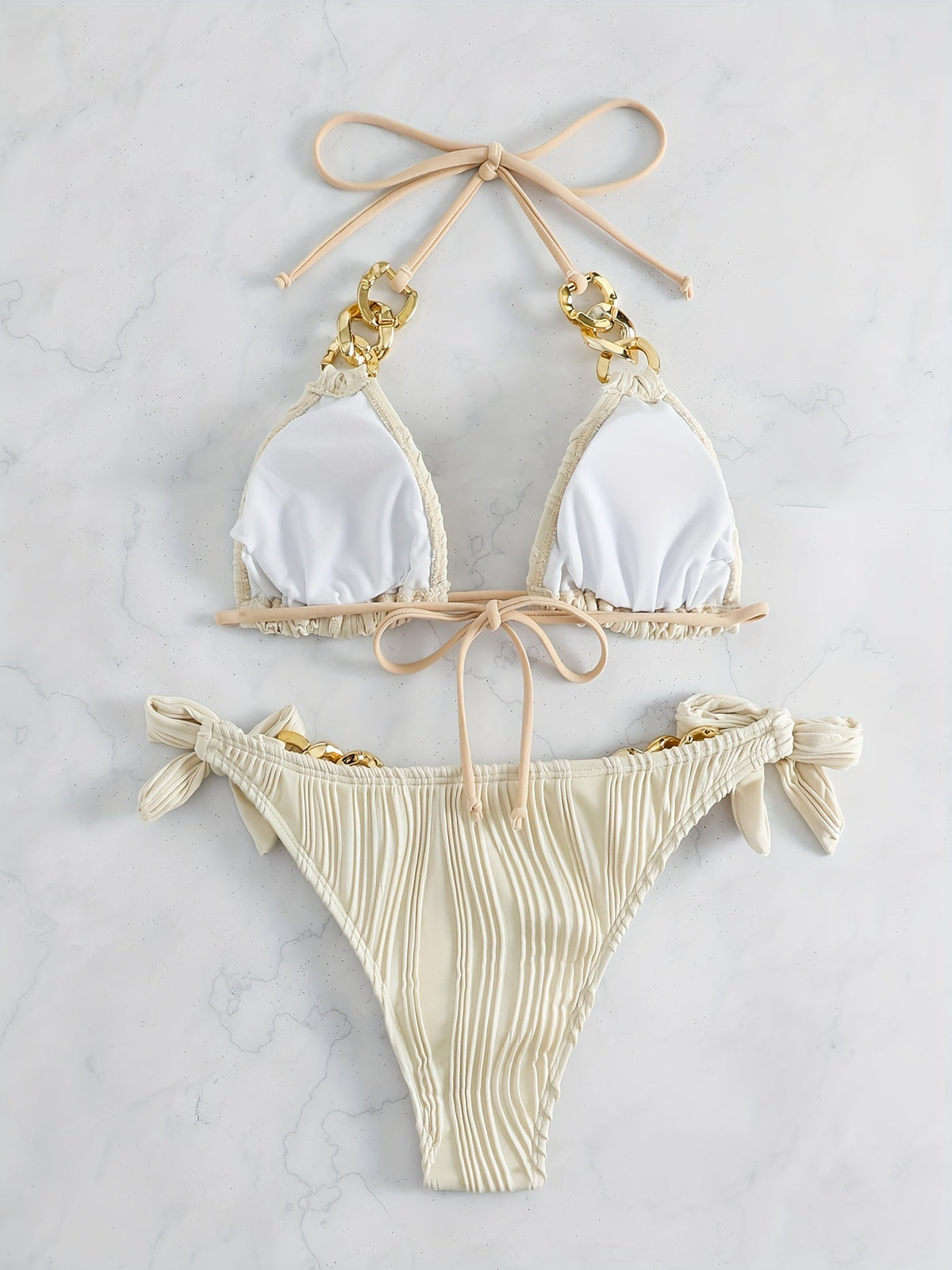 Bikini Ruched Texture Golden Chain 2 Piece Triangle Swimsuit for Women – Striped Halter Bikini Set with Bow Tie Side and Elegant Ring Link Detail – Stretchy Beachwear for Pool Bathing and Summer Vacations