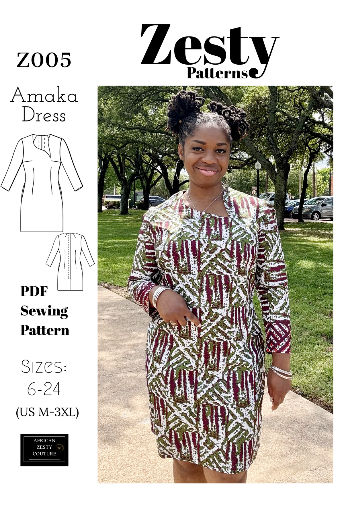 AMAKA Dress Sewing Pattern | PDF Download | Sizes 6–24 (US M–3XL) | Zesty Sewing Patterns