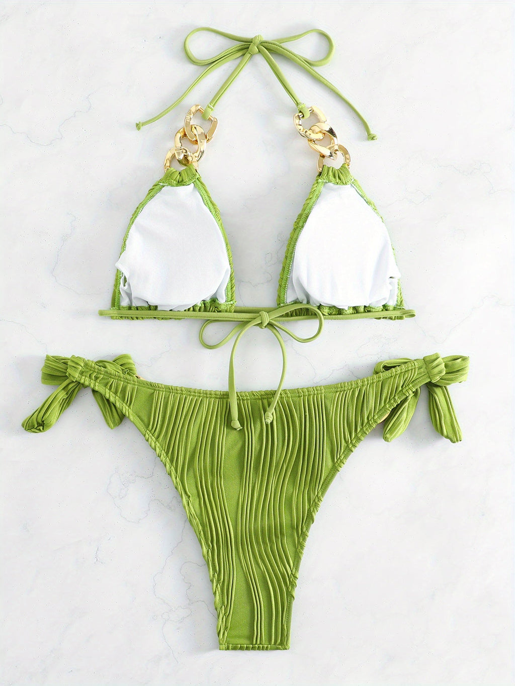 Bikini Ruched Texture Golden Chain 2 Piece Triangle Swimsuit for Women – Striped Halter Bikini Set with Bow Tie Side and Elegant Ring Link Detail – Stretchy Beachwear for Pool Bathing and Summer Vacations