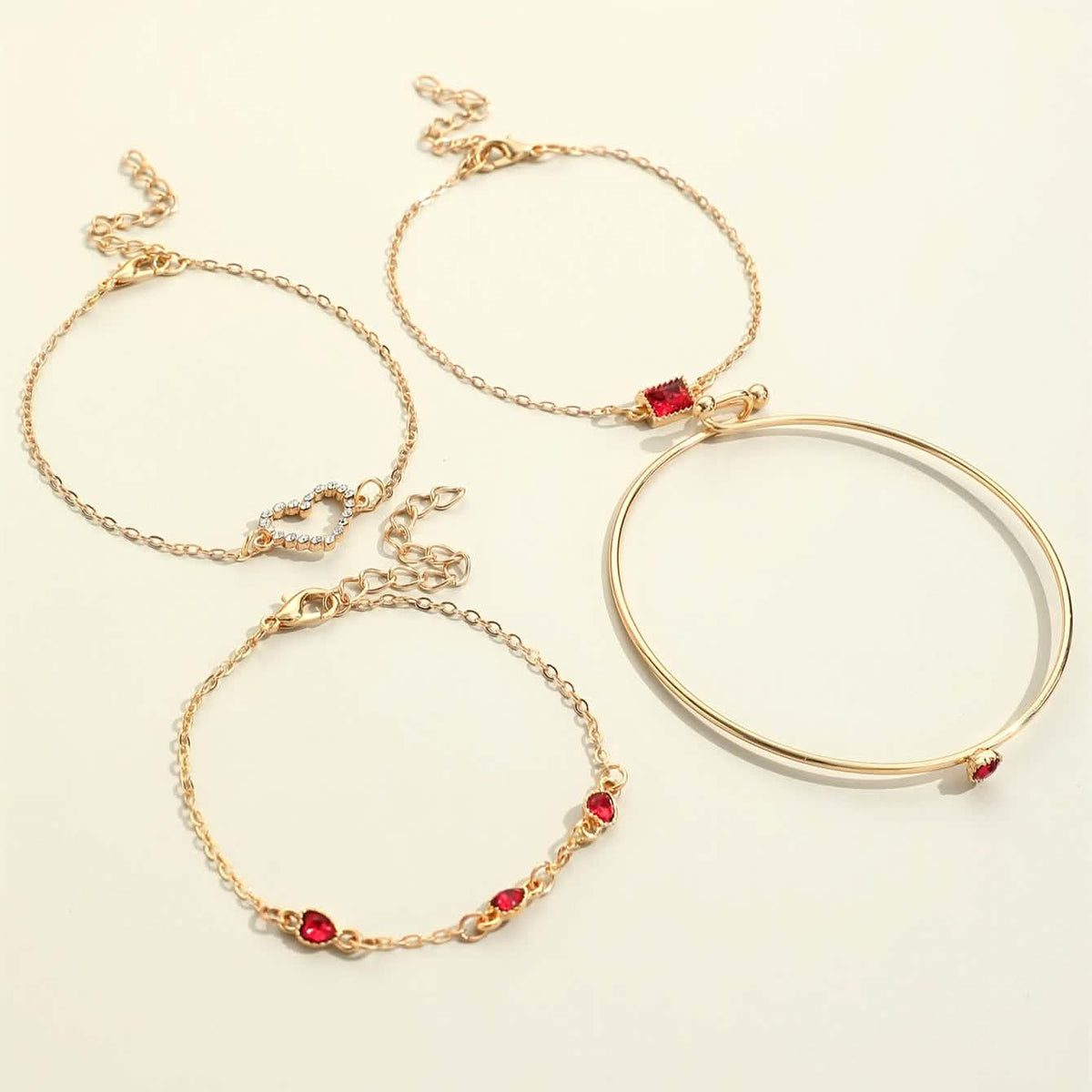 4pcs Rhinestone Alloy Bracelet Set – Minimalist Heart & Square Design