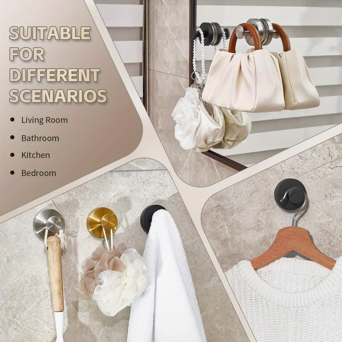 2-Pack: Strong Suction Cup Hooks – Silver Brushed Stainless Steel, No Drilling Required