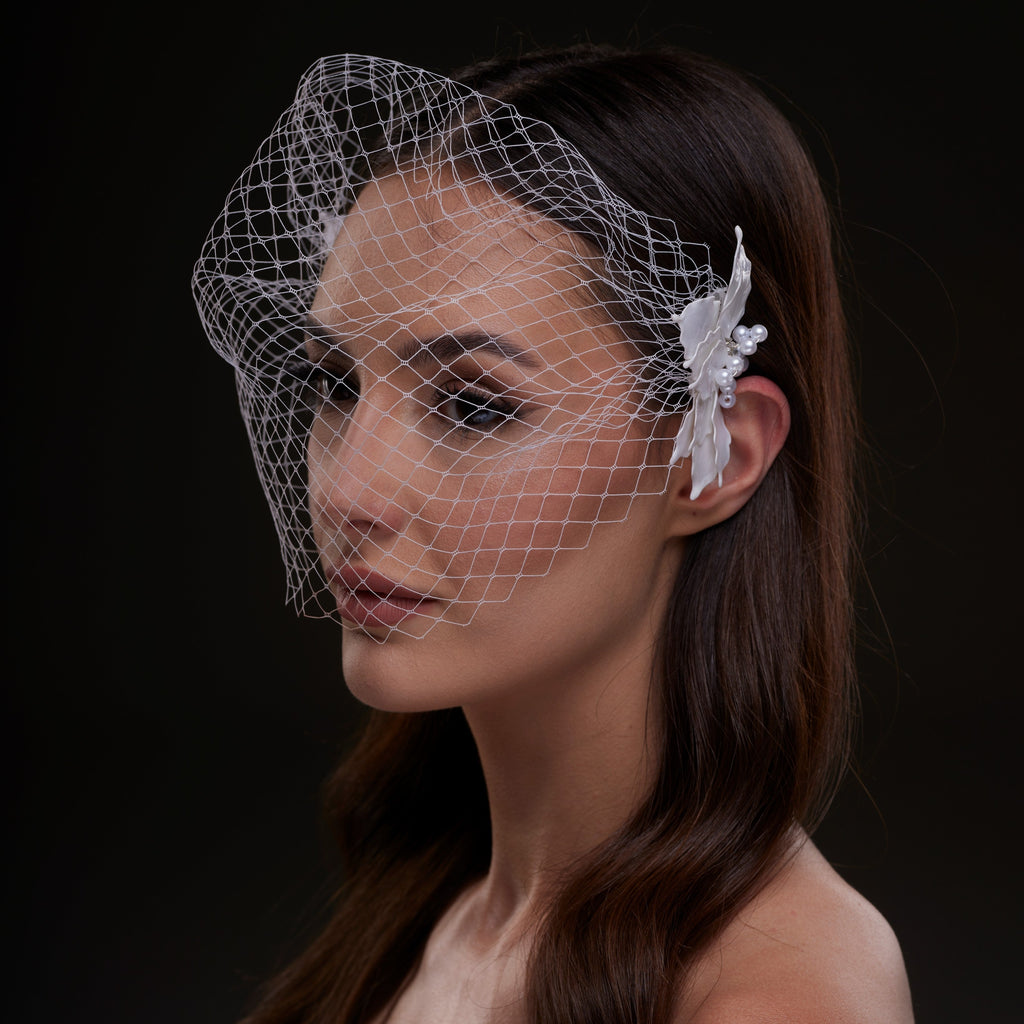 Bridal Birdcage Veil with Pearl & Leaf Side Comb
