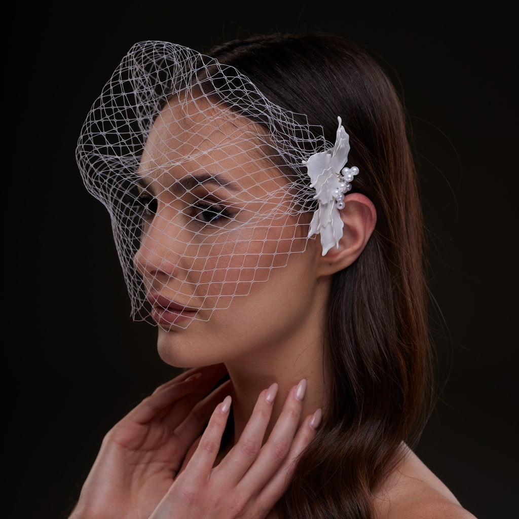 Bridal Birdcage Veil with Pearl & Leaf Side Comb