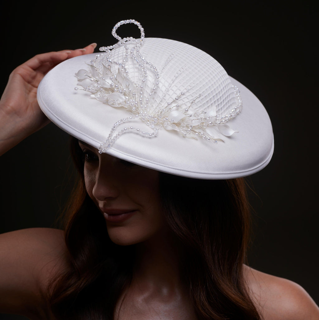 Elegant White Bridal Hat with Beaded Flower Detail