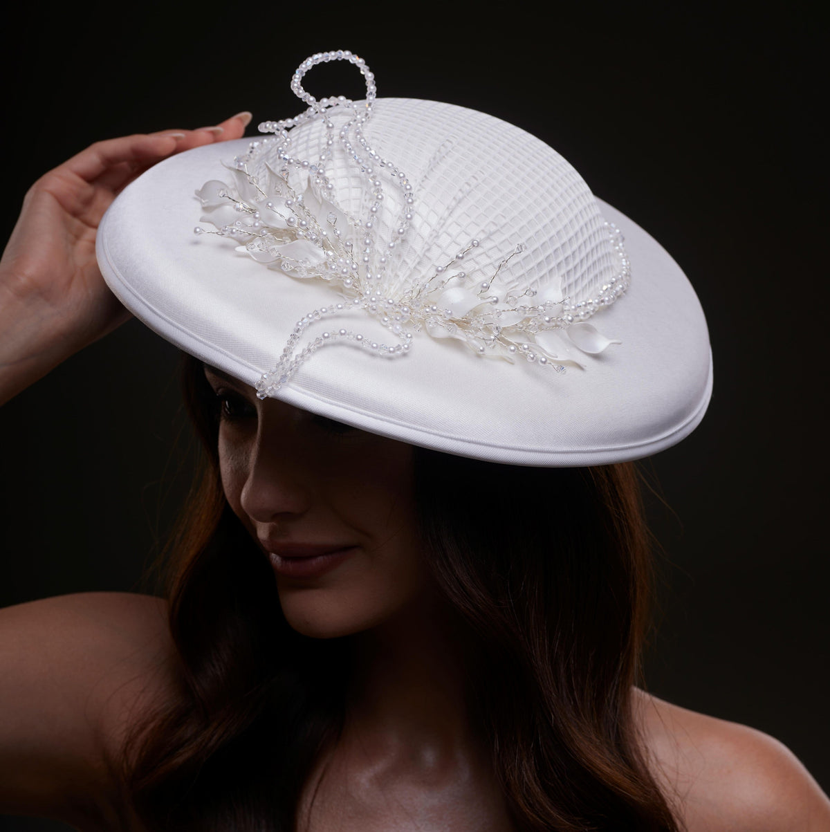 Elegant White Bridal Hat with Beaded Flower Detail