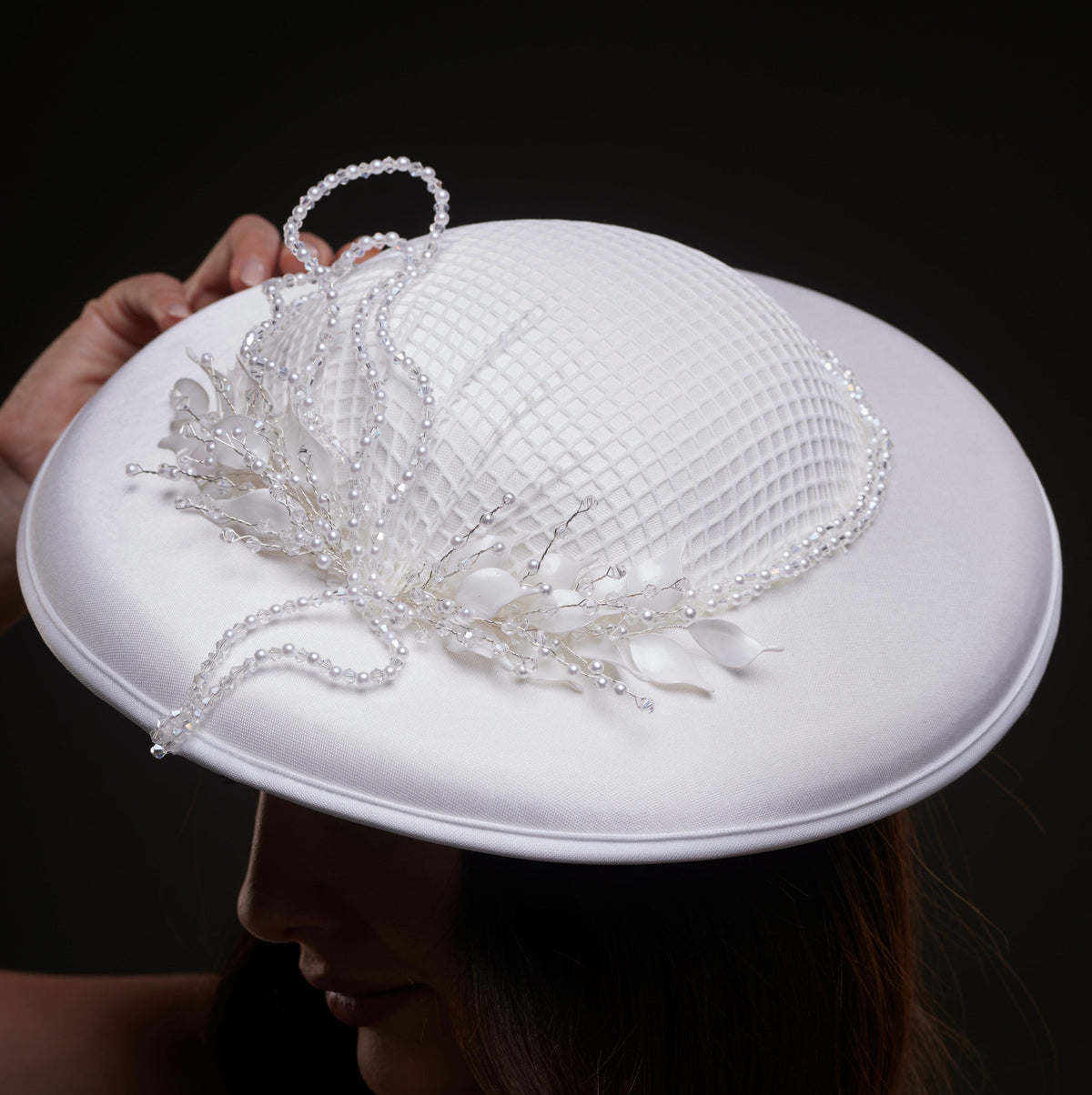 Elegant White Bridal Hat with Beaded Flower Detail