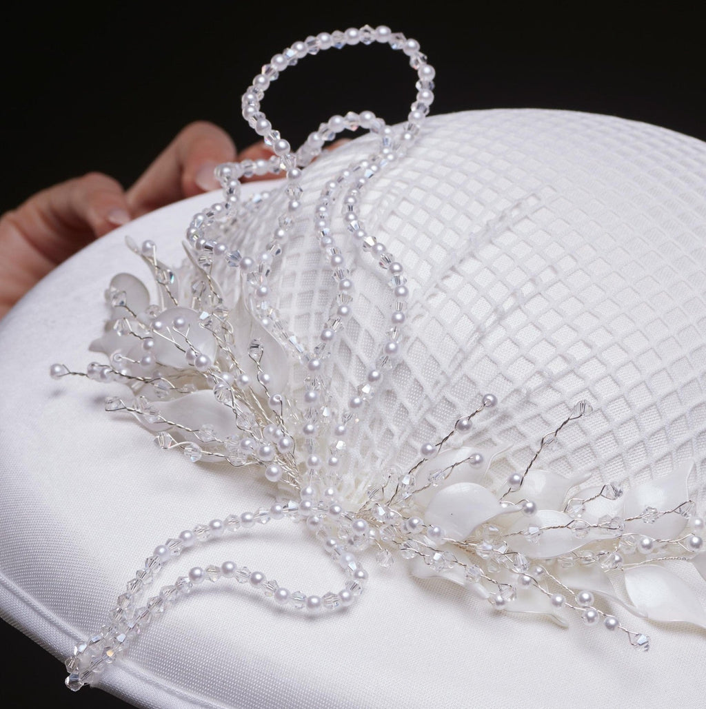 Elegant White Bridal Hat with Beaded Flower Detail