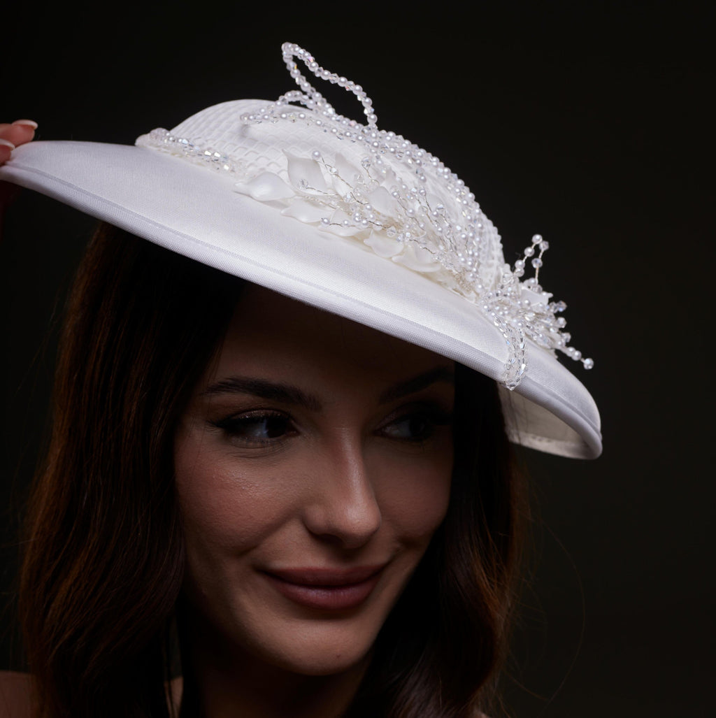 Elegant White Bridal Hat with Beaded Flower Detail