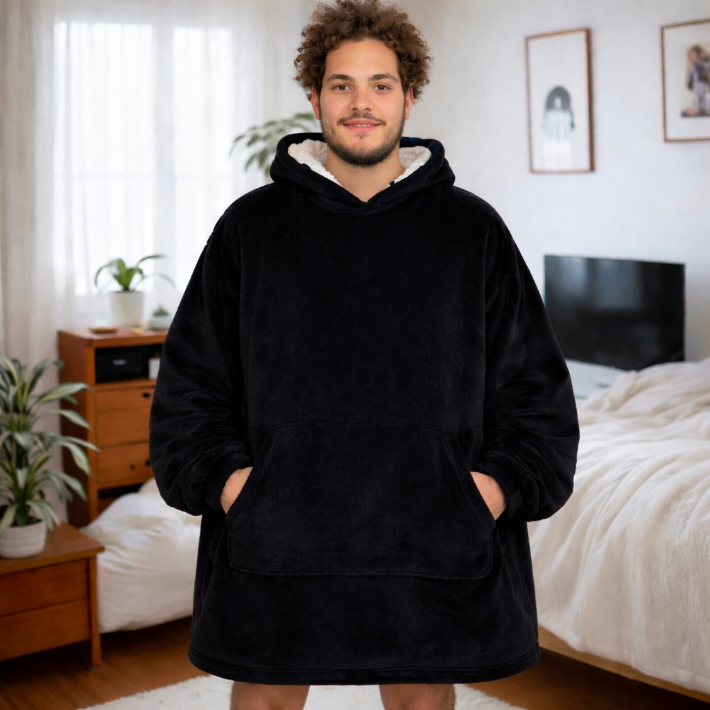 black Wearable Sherpa Blanket Hoodie oversize for Kids & Adults | OLM Toys