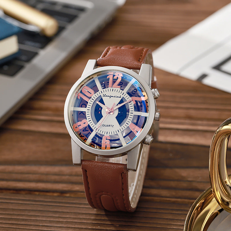 Large-dial, hollow-out blue-light men's watch.