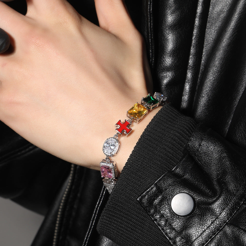 Hip-hop necklace with colorful zircon inlays and a square cross