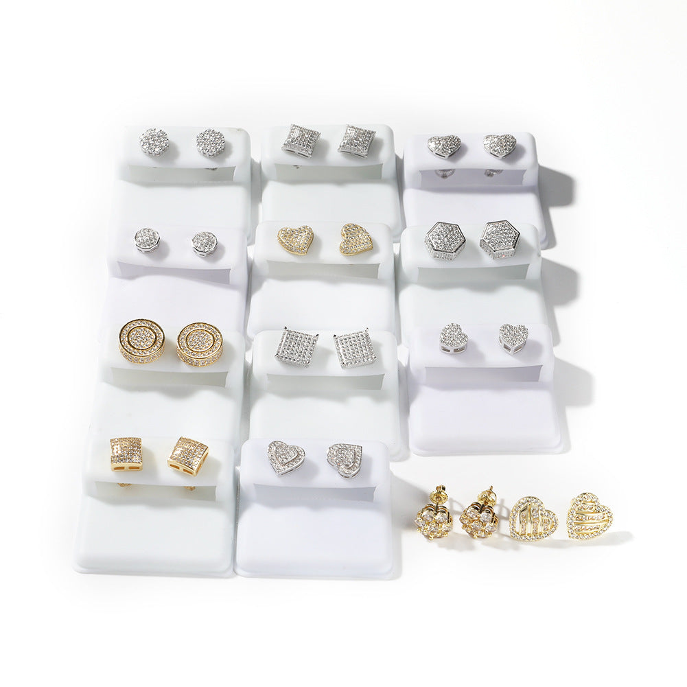 Hip Hop diamond-encrusted 925 silver stud earrings