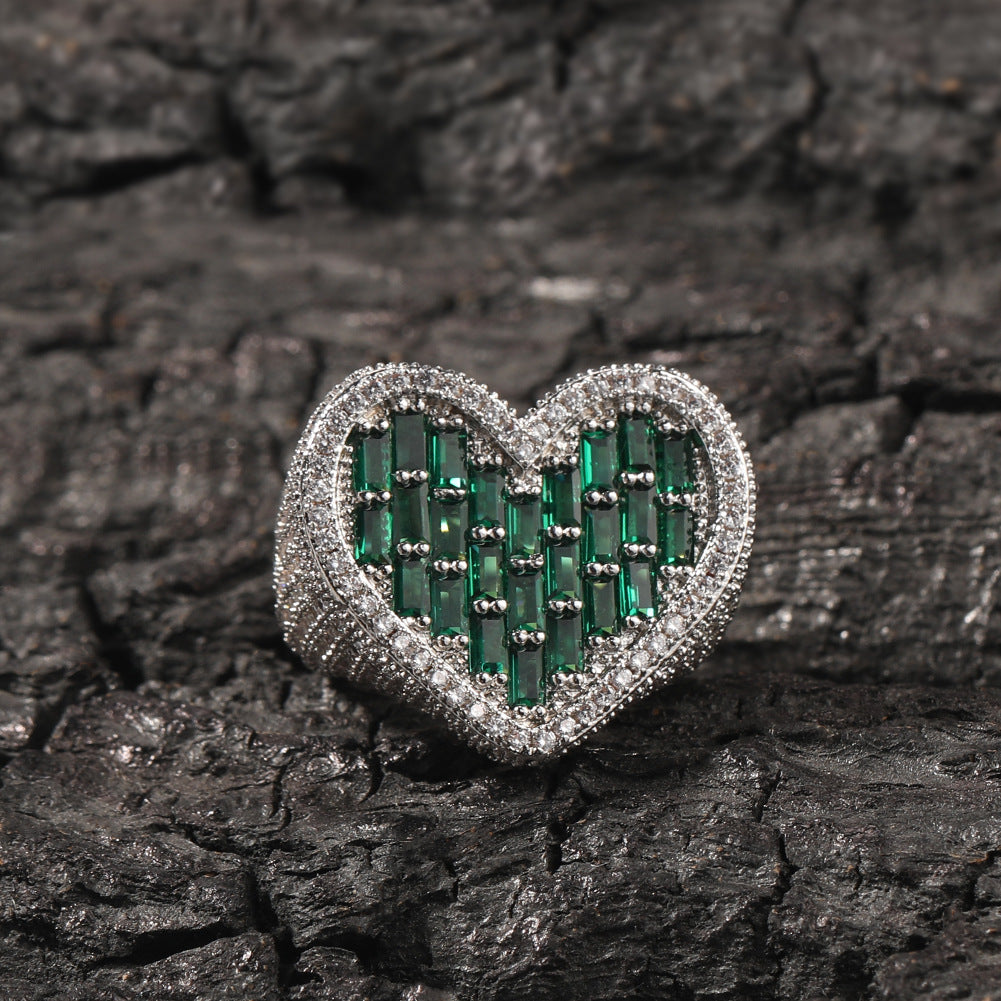 Hip-hop T-square heart-shaped zircon ring
