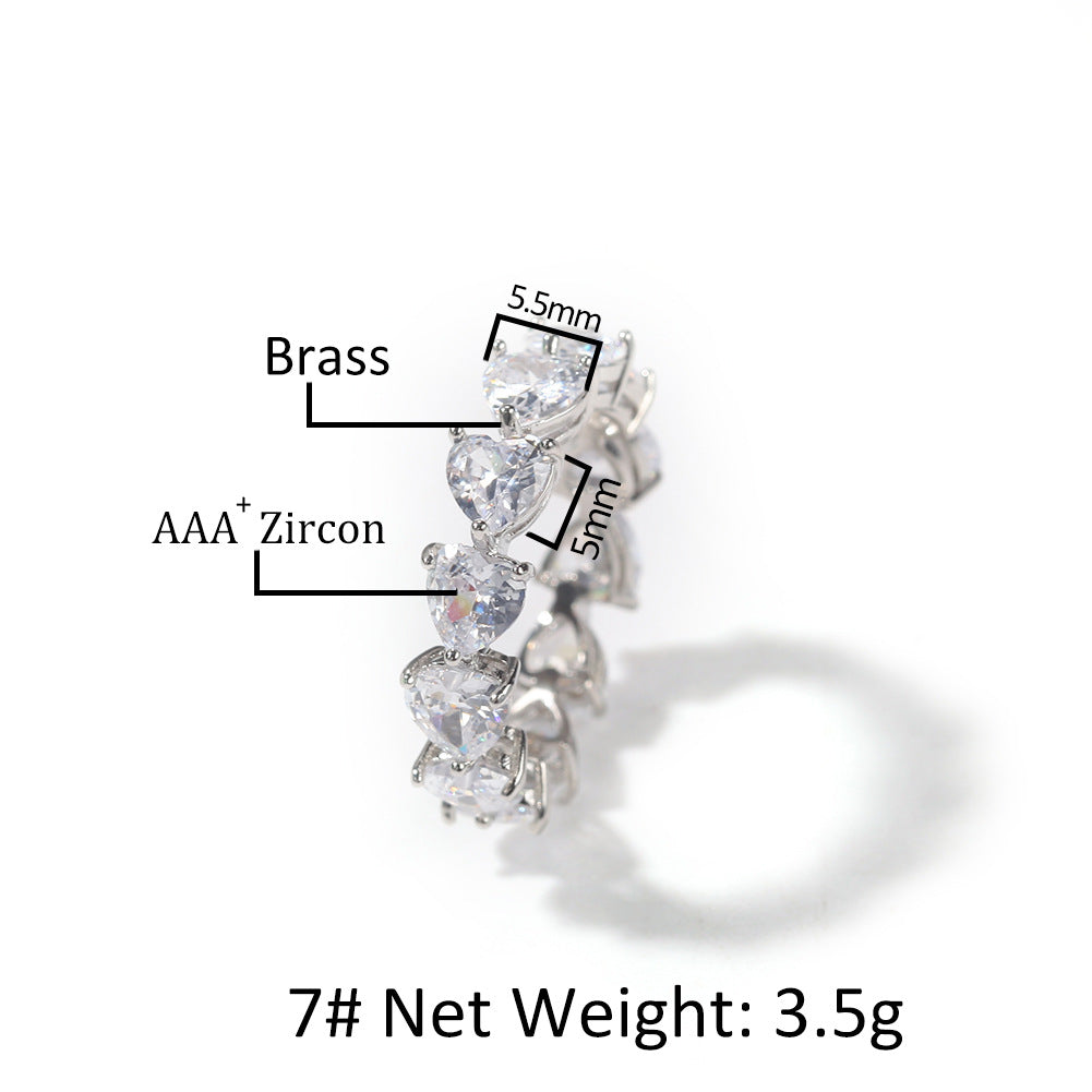 Hip-hop single-row heart-shaped zircon rings