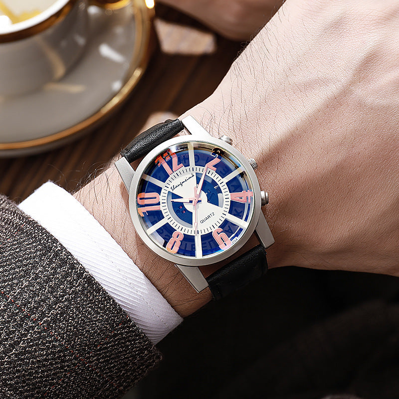 Large-dial, hollow-out blue-light men's watch.