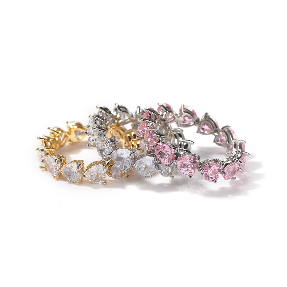 Hip-hop single-row heart-shaped zircon rings