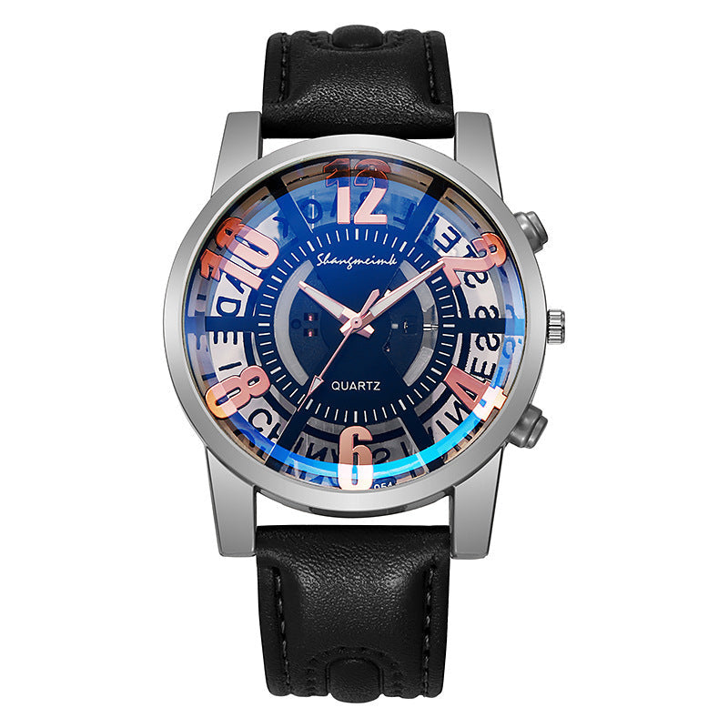 Large-dial, hollow-out blue-light men's watch.