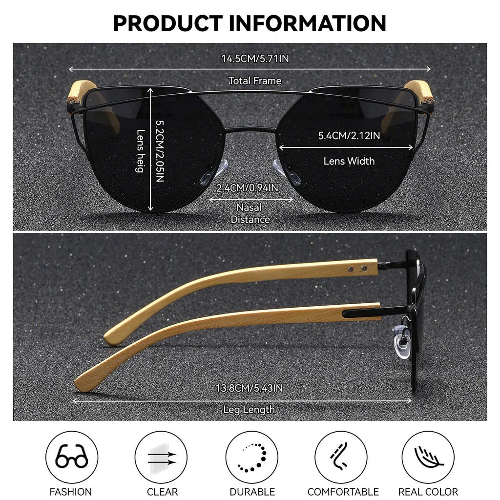 BARCUR Luxury High-Quality UV400 Women’s Polarized Sunglasses Cat Eye Bamboo Foot Frame Mirrored Lenses Presented in a White Gift Box for Summer