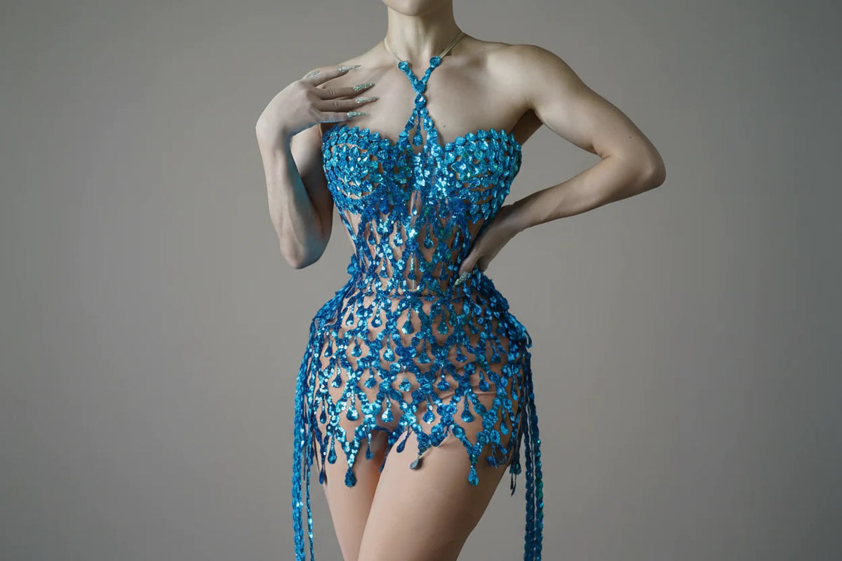 Sparkly Crystals & Sequins Mesh Halter Dress