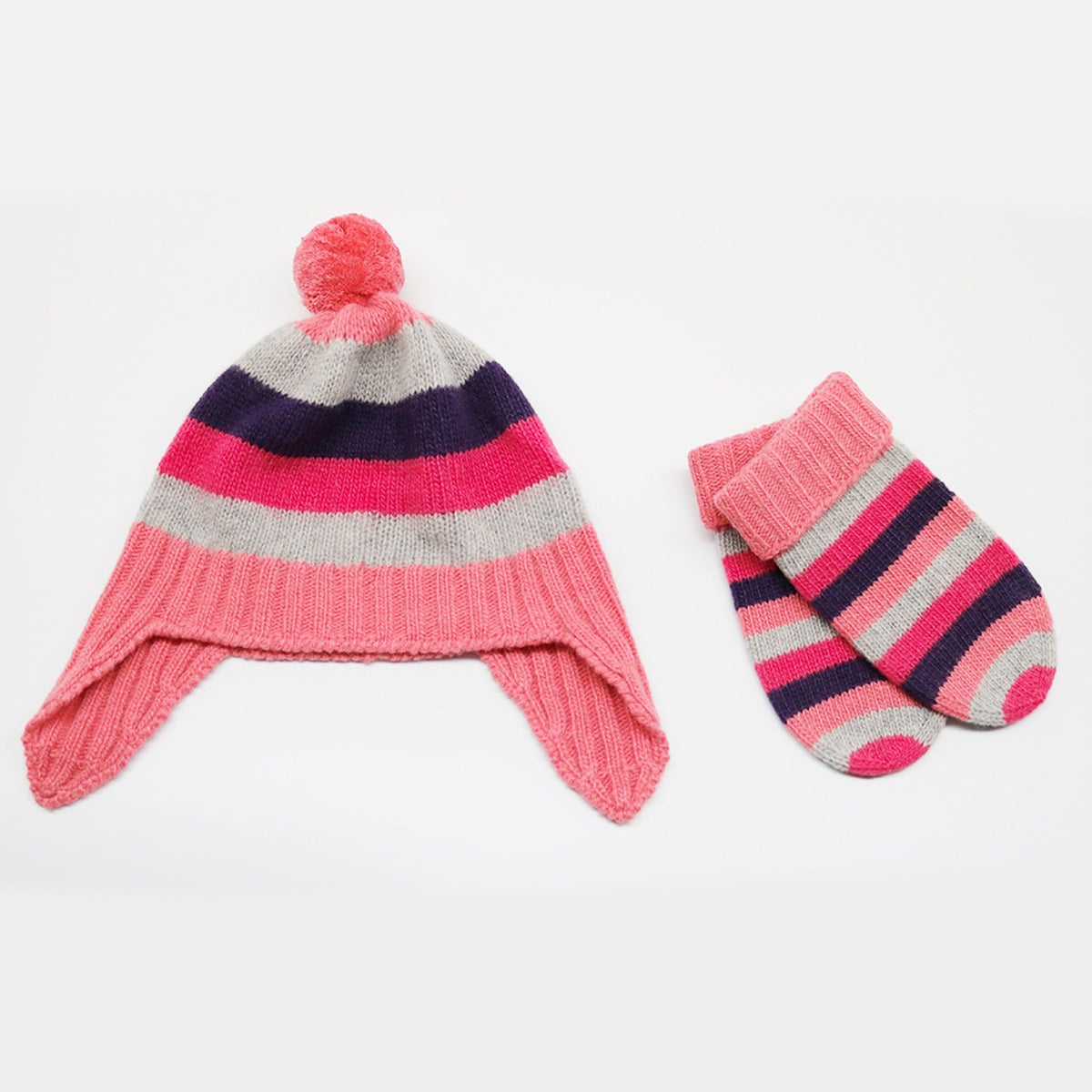 BABY STRIPED EARFLAP WITH POM POM