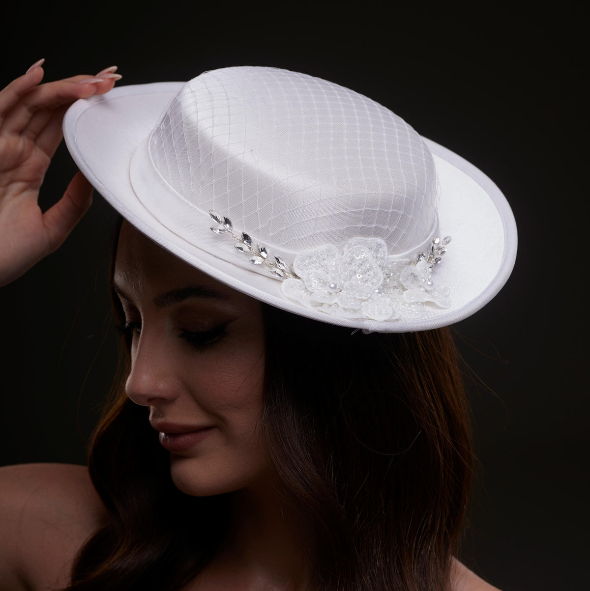 White Satin Hat with Lace Flowers & Crystal Leaves