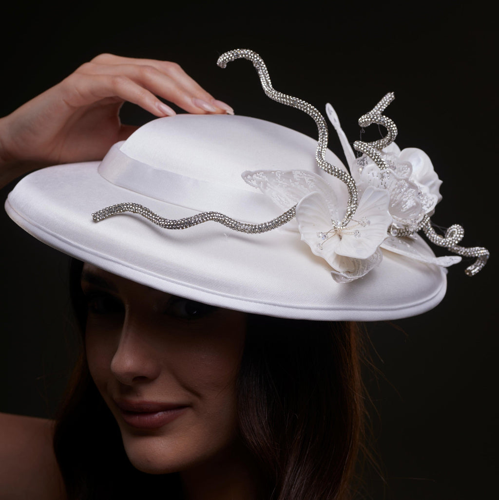 White Satin Hat with Rhinestone Vines and Tropical Flower Appliqués