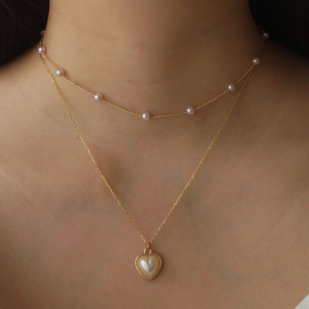18K gold heart with texture inlaid pearl design exquisite and noble necklace