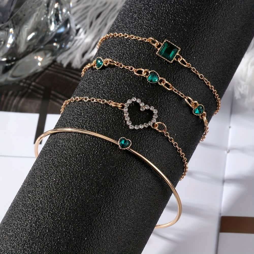 4pcs Rhinestone Alloy Bracelet Set – Minimalist Heart & Square Design