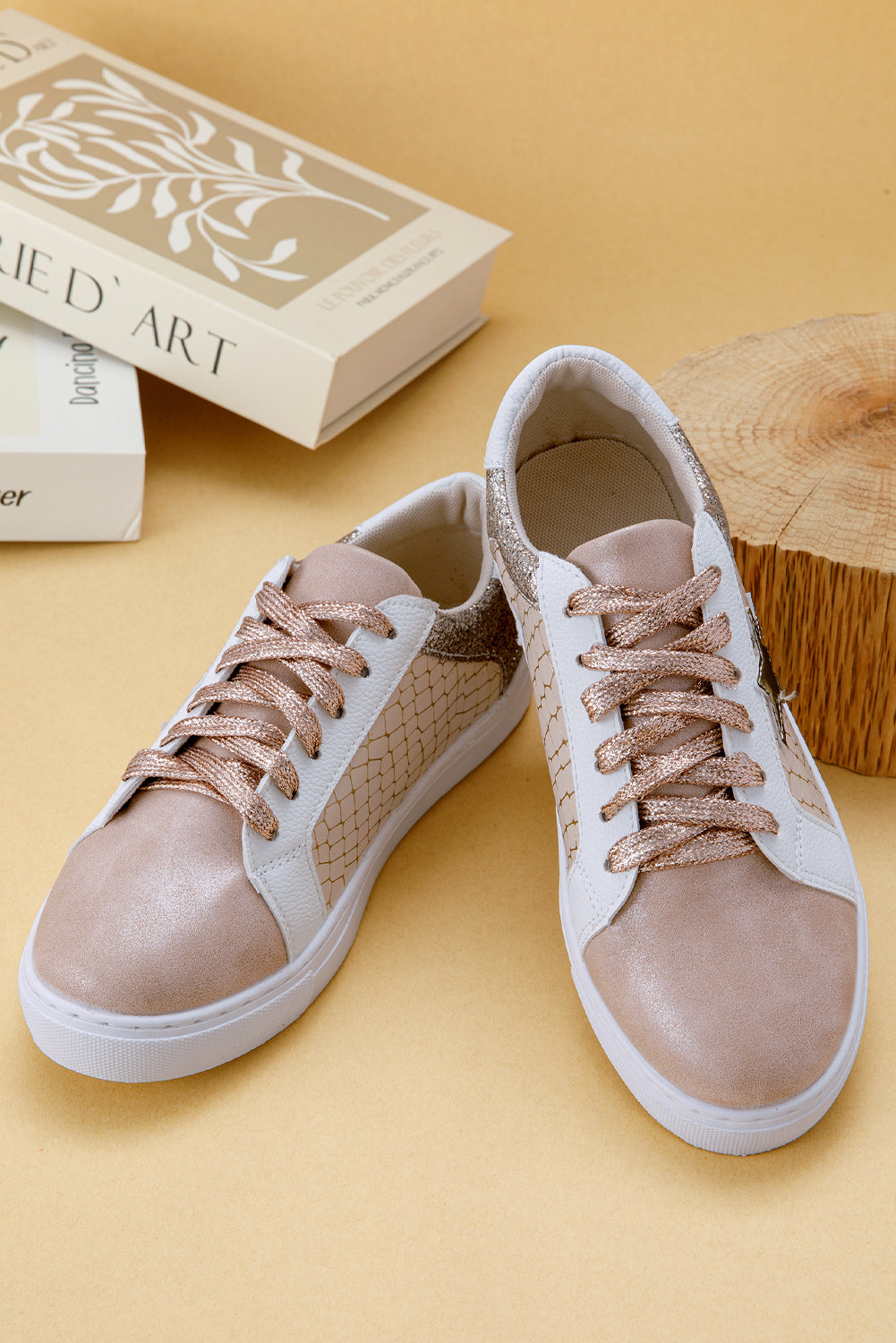 Dearlove Gold Glitter Star Patchwork PU Leather Lace-up Sneakers