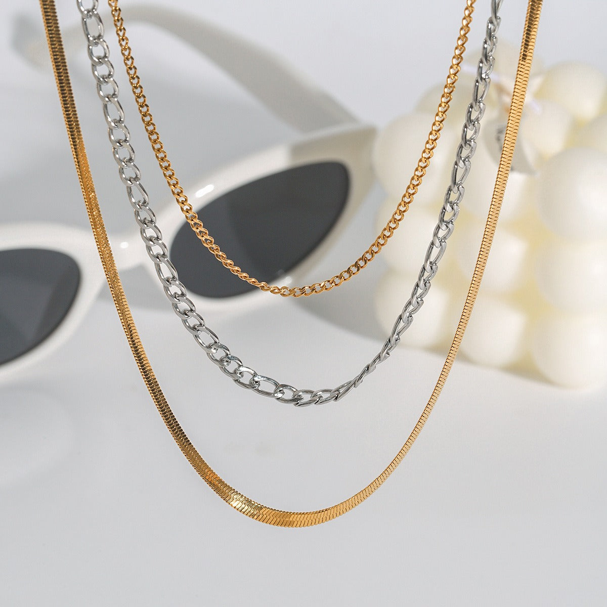 18K gold multi-layer chain with gold and silver color matching design simple personality necklace