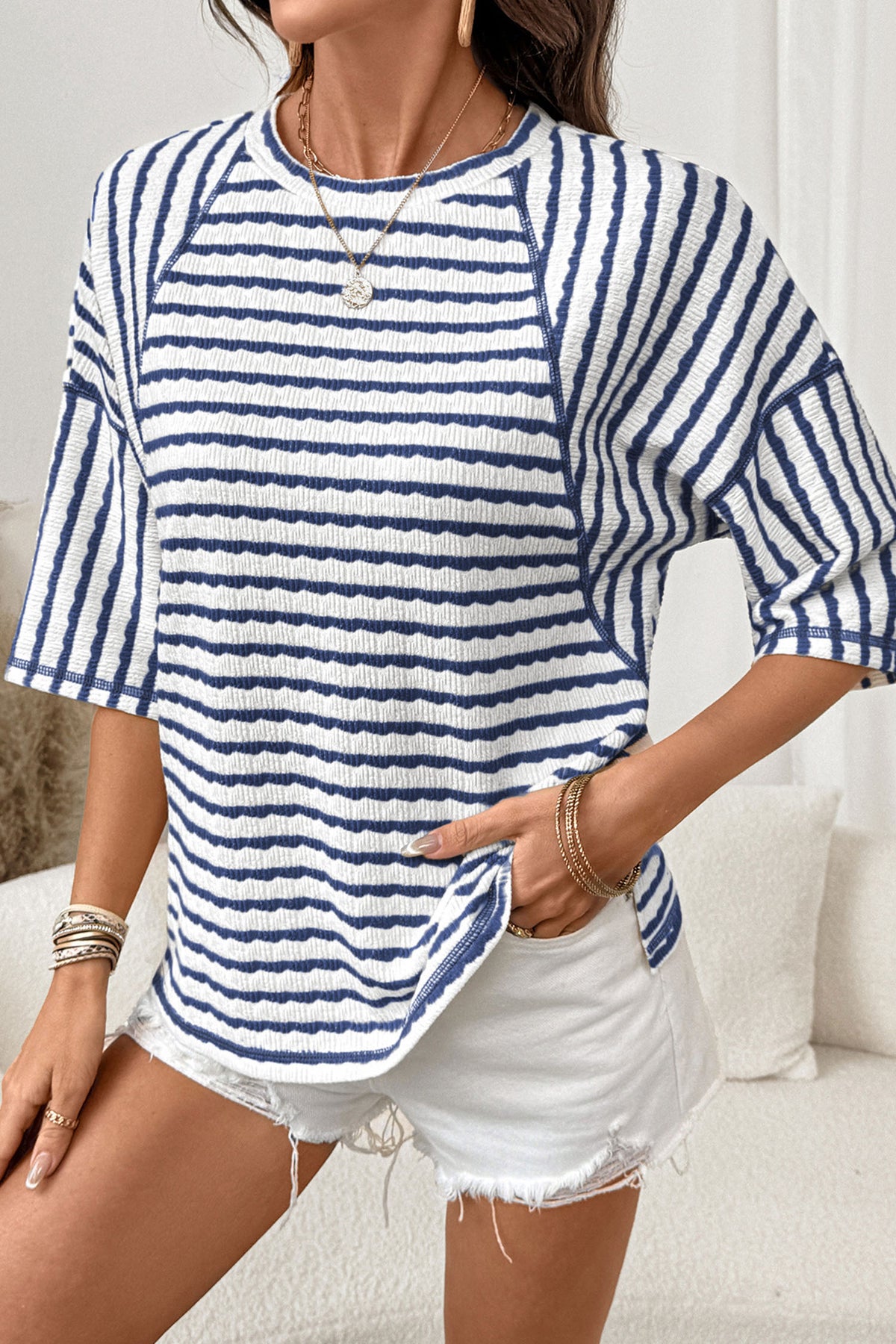 Blue Stripe Textured Knit Split Hem Half Sleeve Loose Top