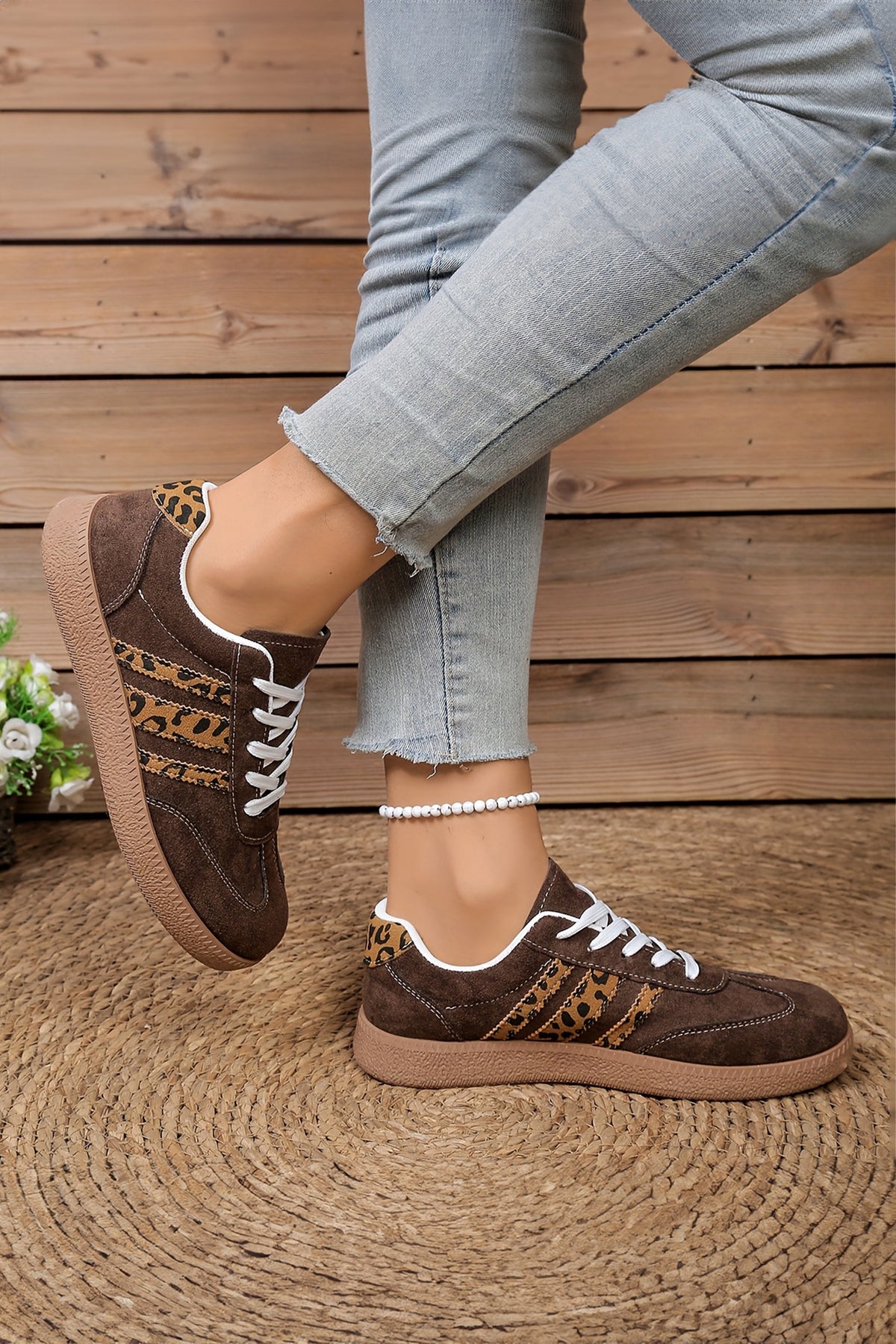 Coffee Contrast Lace-up Leopard Patchwork Detail Faux Suede Shoes